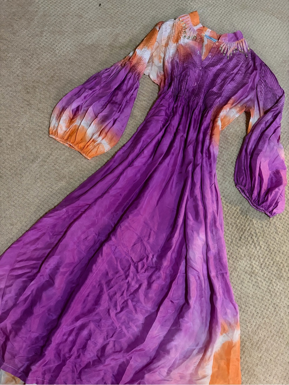 Blumarine Purple and Orange Tie-Dye Maxi Dress with Smocked Bodice